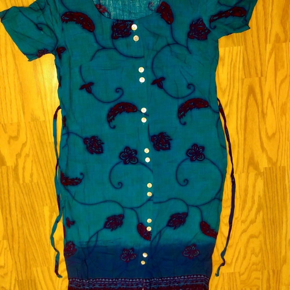 Teal Floral Dress with Button Accents